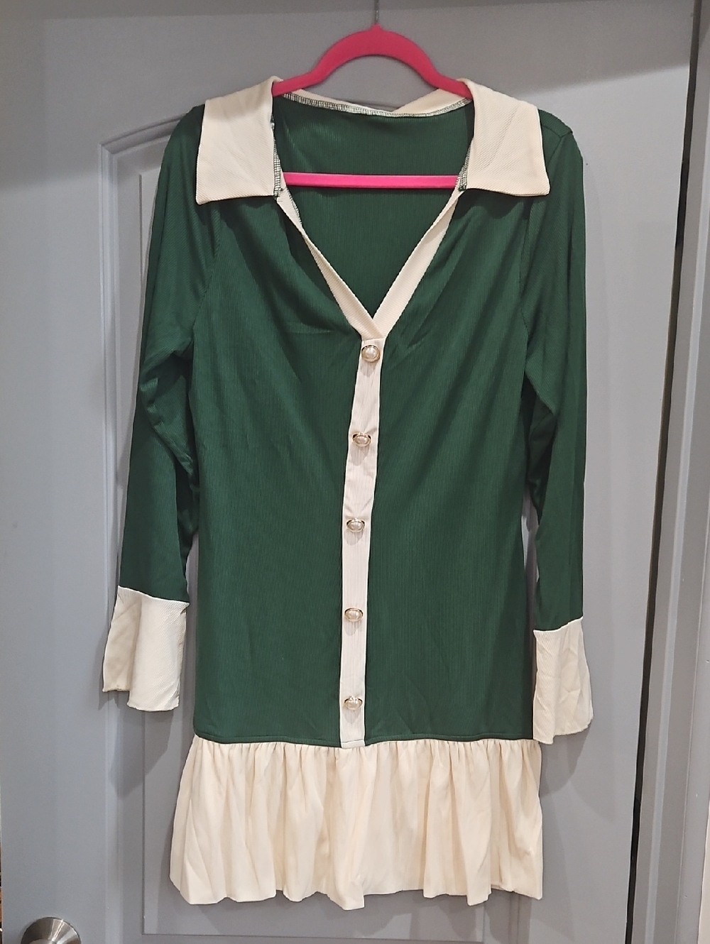 Green and Cream Button-Front Tunic Dress